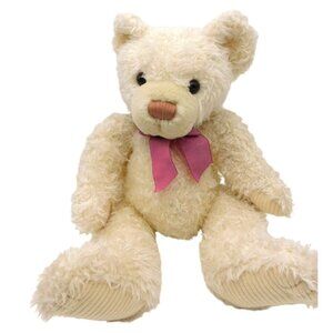 Wholesale Merchandisers Shaggy Cream Teddy Bear Plush Mauve Ribbon Corduroy Feet